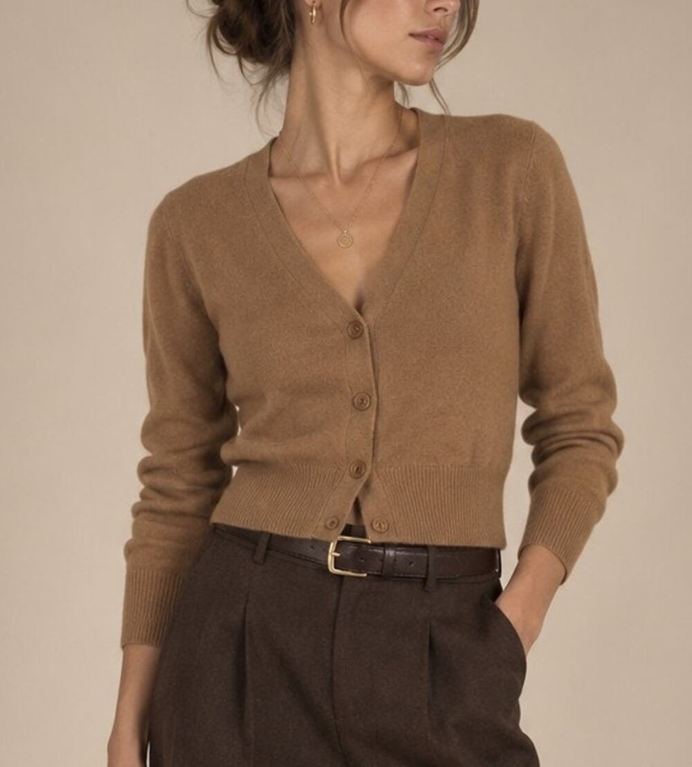 Babaton Cashmere Cropped Cardigan Womens XS Camel Brown Quiet Luxury Minimal